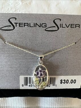 Sterling Silver Purple Floral Pendant Necklace